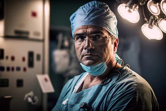 Portrait of a serious old doctor preparing for surgery in his surgery, with bokeh in the background. Generative ai