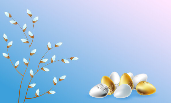 Easter background, banner with decorative gold and silver eggs and pussy willow branches on a light blue-pink background with copy space