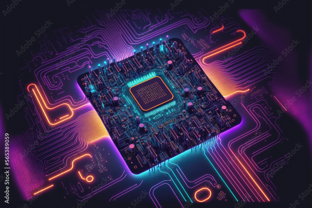 Aufkleber computer microchip semiconductor on motherboard futuristic cyber neon lighting. peculiar ai generati