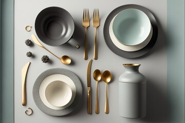 Stylish tableware on light grey table, flat lay. Space for text. Generative AI