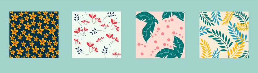 Set of Floral Pattern Background Templates. Vector with Hand Drawn Leaves, Flowers and Herbs. Nature Wallpaper.