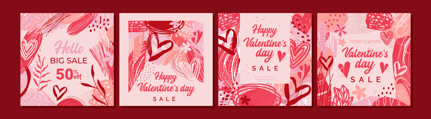 Naklejka premium 4 abstract templates for Valentine's Day on a pink background. The combination of elements, hearts and flowers perfectly complement each other. This design is perfect for advertising, greetings more..