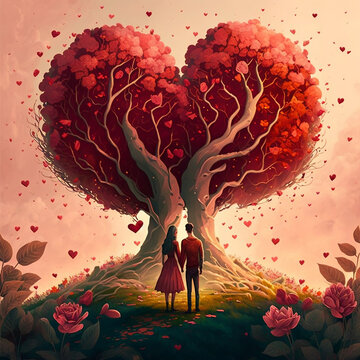Para zakochanych stoi przed złączonymi drzewami w kształt serca, dzień zakochanych