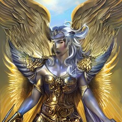 The female knight is clad in armor with angel wings on the back gleaming