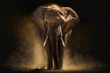 Fototapeta na wymiar Elefant tritt aus dem Dunkel