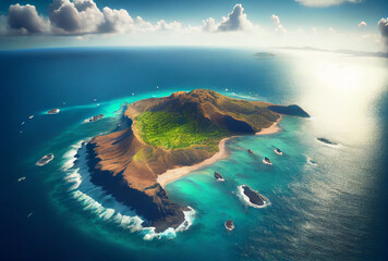 Beautiful aerial view of Hawaii. Generative Ai Art. Island with dense and lush vegetation.