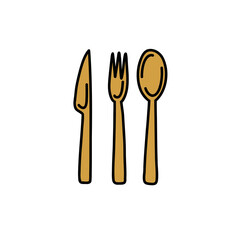 Reusable cutlery, biodegradable table setting for food made of natural eco recycle reusable material doodle icon, vector color line illustration