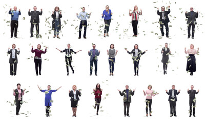 group of successful business people with money isolated