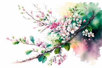 Fototapeta premium Beautiful spring blooming rose bush on a white background. spring nature water color scene. Generative AI