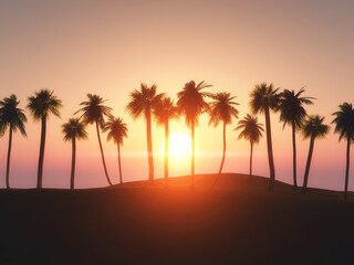 3D tropical landscape with palm trees against a sunset sky
