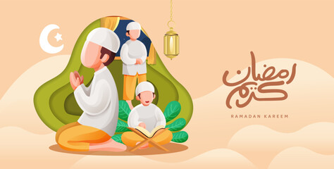Ramadan Creative Illustration With Man Praying and Read Quran Composition