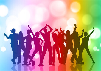 Naklejka na ściany i meble Crowd of people dancing on rainbow bokeh lights background