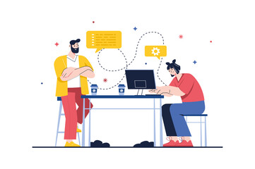 Programming concept with people scene in the flat cartoon style. Manager explains to a young programmer how to correctly write code for a program.