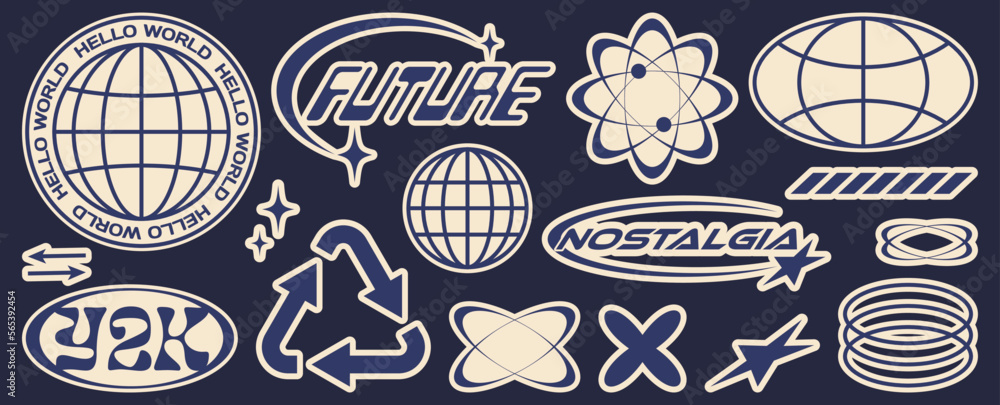 Wall mural retro futuristic sticker. abstract graphic geometric symbols and objects in y2k style. templates for