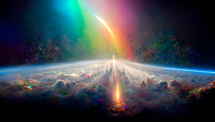 Cosmic rainbow rays, fantasy dreamy landscape. AI