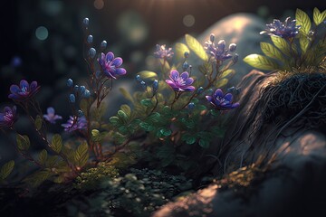 Fototapeta na wymiar Magic forest fantasy flower nature background mystic glow light landscape Generative AI Illustration