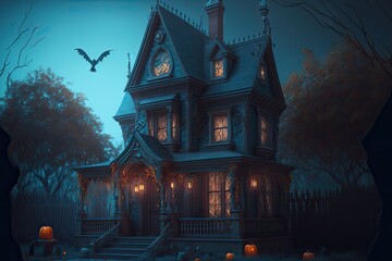 Fototapeta na wymiar Haunted House with Dark Horror Atmosphere victorian haunted house with candlelight in the window in a dense spooky forest
