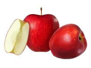 a group of red apples with a slice of fruit