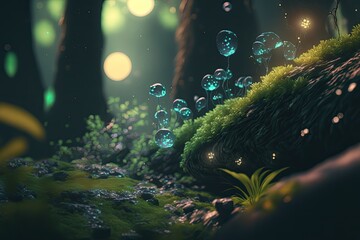 Obraz na płótnie Canvas Magic forest fantasy nature background mystic glow light landscape Generative AI Illustration