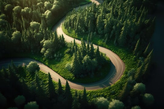 Winding road street in green rainforest, nature ecosystem environment background, travel trip landscape Generative AI Illustration