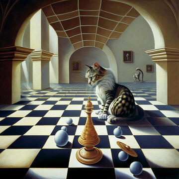  a surrealist dream-like oil painting by Salvador Dalí of a cat playing checkers