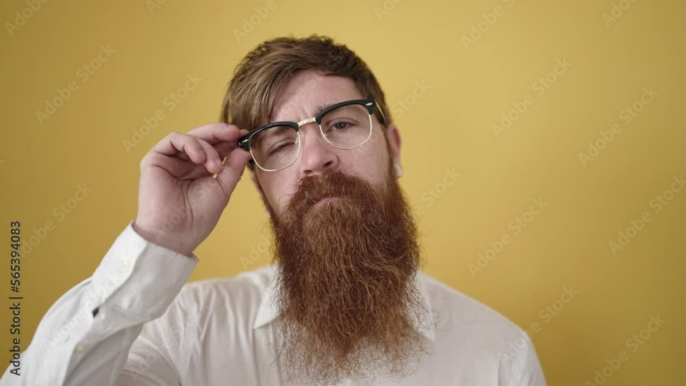 Sticker young redhead man smiling confident wearing glasses over isolated yellow background