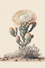 Blooming flower cactus, boho art illustration. Generative AI.