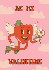 Valentine's day groovy poster or greeting card. Happy Valentines day concept in 60s 70s cartoons style. Flying heart with wings. Flat vector illustration