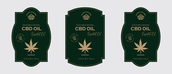 CBD oil label design cannabis oil labels cosmetic products for skin care and beauty, herbal ingredients. Labels with sketches, package emblem. Green gold premium vector illustration.