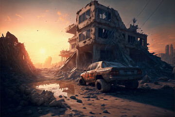 illustration of a devastated landscape scene. Apocalypse concept