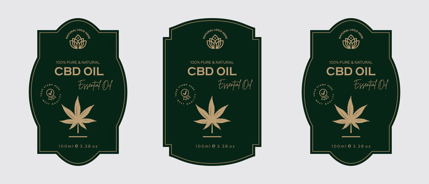 CBD oil label design cannabis oil labels cosmetic products for skin care and beauty, herbal ingredients. Labels with sketches, package emblem. Green gold premium vector illustration.