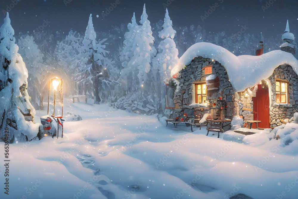 Wall mural Christmas a small cottage on top illustration Generative AI Content by Midjourney