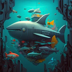 Abstract art with submarine,shark and fishes in the ocean. Made with Generative AI.