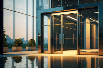 Large glass door entrance in a skyscraper, Generative AI