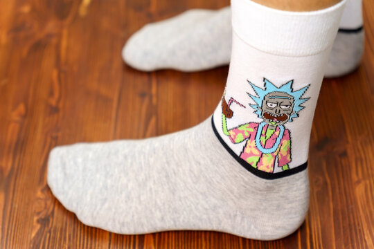 Tyumen, Russia-August 25, 2022: Rick and Morty rick sanchez logo on socks. Selective focus