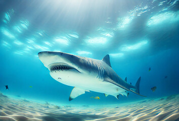 Obraz premium Great shark close up view. Generative Ai Art. Underwater scene with sunlights.
