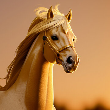 beautiful golden pegasus style horse with shiny coat and golden wings for flying