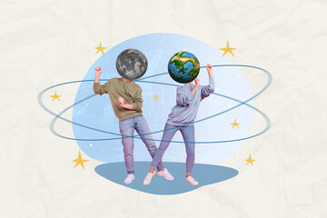 Creative collage image of two people moon planet earth instead head dancing chilling painted orbit stars isolated on drawing background