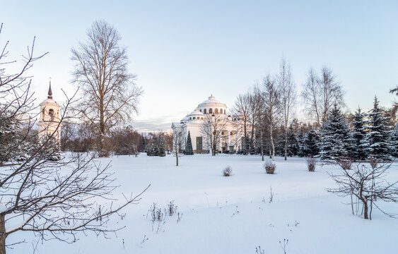 Winter in Pushkin. View of the Sophia (Ascension) Cathedral and the Bell Tower in Pushkin, St. Petersburg, Russia