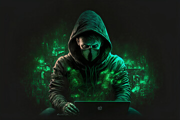 illustration of a hacker on a dark green background