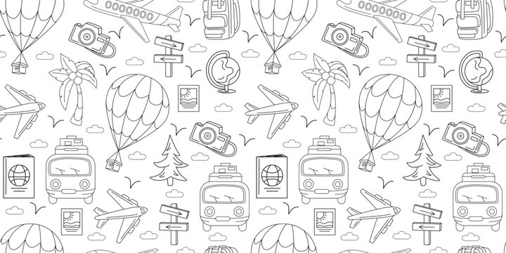 Doodle travel pattern. Summer sea vacation. Wallpaper icons. Hand drawn marine sketch. Funny pencil symbols. Journey by plane and car van. Photo and palm. Vector seamless recent texture