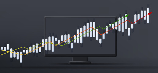 Black desktop computer 3d illustration mono chrome with stock investment trading bar chart