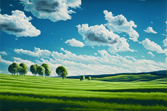 illustration of a green field landscape with clouds. wallpaper concept