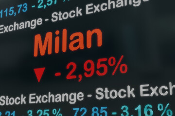 Milan stock exchange moving down. Italy, Milan negative stock market data on a trading screen. Red percentage sign and ticker information. Stock exchange and business concept. 3D illustration