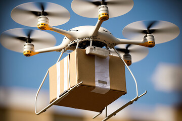 Drone levando uma encomenda conceito para futuro próximo