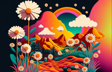 Fototapeta na wymiar Fantasy colorful landscape with meadow and mountains created with generative Ai techonology