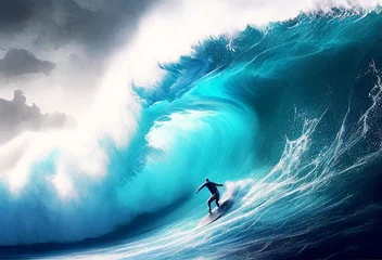 Foto op Aluminium Surfer riding on a huge wave. Hawaii. Pacific ocean. Generative Ai Art. Extreem sport. © Sci-Fi Agent