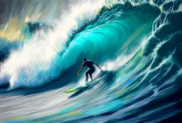 Foto op Canvas Surfer riding on a huge wave. Hawaii. Pacific ocean. Generative Ai Art. Extreem sport. © Sci-Fi Agent