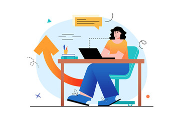 Work flow concept with people scene in the flat cartoon style. Girl works at the computer performing the necessary tasks.