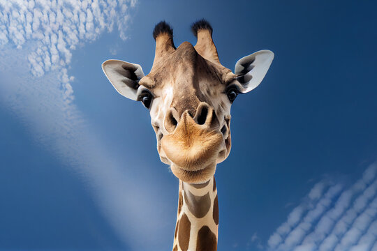 portrait of giraffe over blue sky. Generative Ai